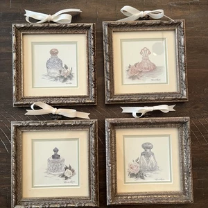 4 Vintage Victorian Prints Perfume Bottles Gold Gilt Frame Wanda Lee set of Four - Picture 1 of 16