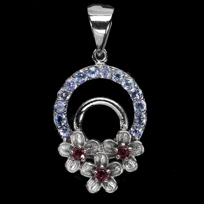 925 Sterling Silver Pendant Round Rhodolite Tanzanite Flower Gemstone Jewelry - Image 1 of 4