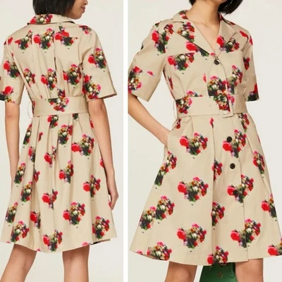 Vestido Camisa Adam Lippes con Bolsillos 8 Tostado Mezcla Algodón Abstracto Floral Cinturón Mini Foto 1 de 4