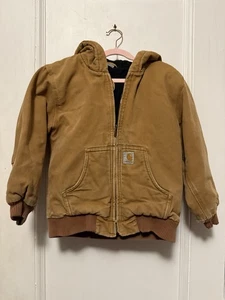 Carhartt Canvas Jacket Lined Quilted Hooded Zipup Coat Kids Youth Size 7/8 - Picture 1 of 8