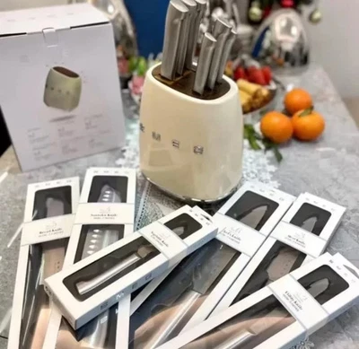 Smeg 7 Piezas NUEVO Juego de Bloques de Cuchillos Acero Inoxidable CREMA - ENVÍO RÁPIDO DHL Foto 1 de 3