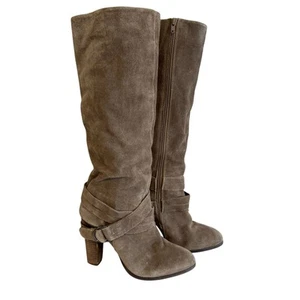 Carlos Santana Mystery Knee High Dress Boots Womens 7.5 Taupe Suede Strappy - Picture 1 of 13