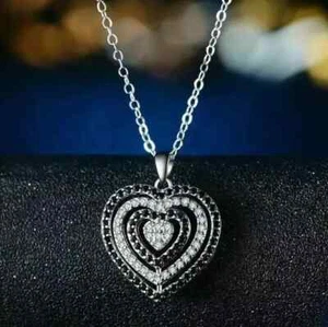 14K White Gold Plated 1.50 CT Round Cut Lab Created Black Diamond Heart Pendant - Picture 1 of 2
