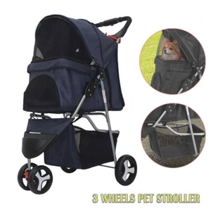 Foldable Pet Strollers 3 Wheels Carrier Cart w/Cup Holder fr Cats&Dogs Navy Blue - Picture 1 of 15