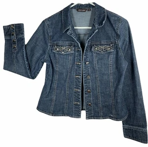 Chaqueta de mezclilla para mujer POINT ZERO azul lavado oscuro talla 7/2 con cuentas y tachuelas, botones - Imagen 1 de 12
