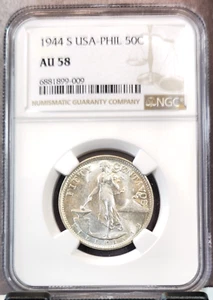 1944 PHILIPPINES SILVER 50 CENTAVOS NGC AU 58 GREAT LOOKING COIN - Picture 1 of 3