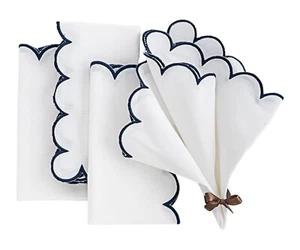 Navy Blue and White Cloth Napkins Scalloped Napkins Embroidery Napkins Set of 4 - Picture 1 of 5