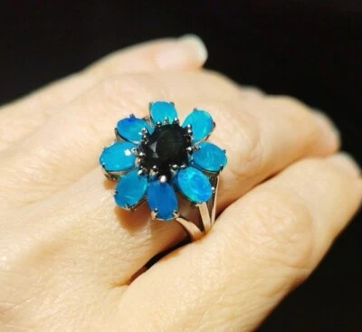 NATURAL BLUE AND BLACK OPAL 925 STERLING SILVER 14K WHITE GOLD PLATED RING - Immagine 1 di 4