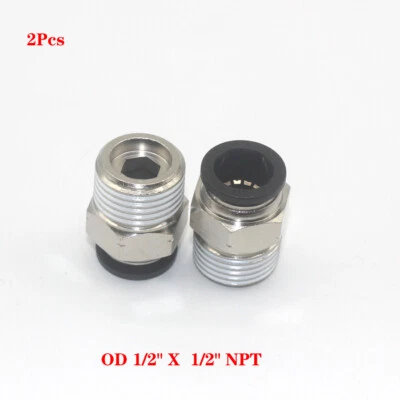 2Pcs Pneumatic Connector 1/2'' OD Tube NPT1/2'' Metal Thread Push in fitting - Image 1 of 2