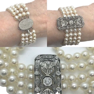 Antique 14k Gold Diamond Brooch Pin 6 mm Akoya Pearl Four Strand Bracelet 8" - Picture 1 of 12
