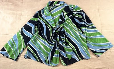 Cato Woman Plus Tie Front Jacket Blouse Green Blue Stripe Print 26/28W Made USA - Image 1 of 4