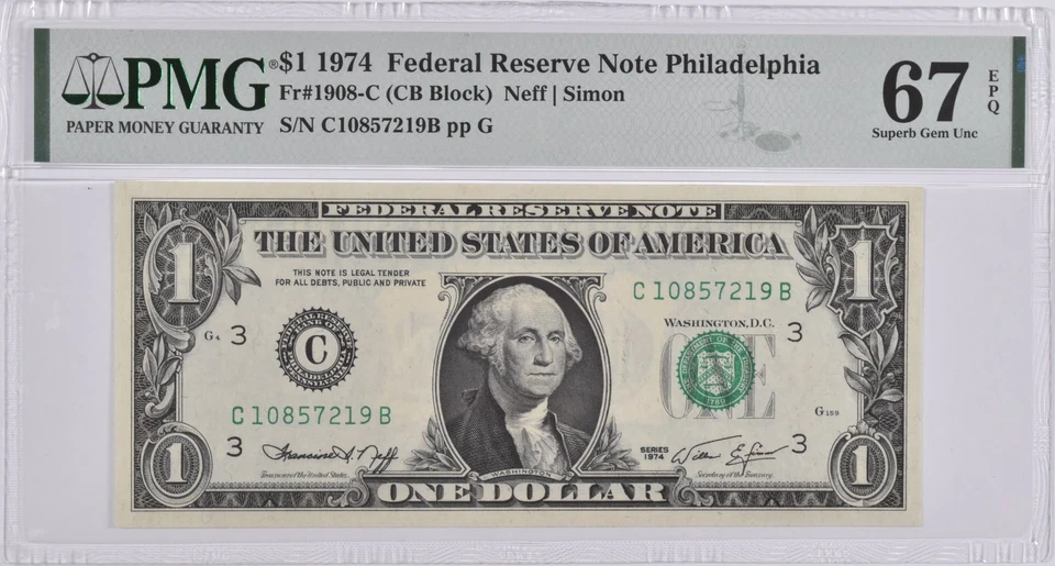 PMG Superb Gem Unc 67 EPQ $1 1974 Philadelphia, PA US FRN Fr#1908-C *8861 - Image 1 of 3