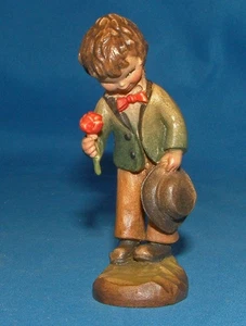 Anri Hand Carved Wooden Figurine - Boy with Rose 3" Tall - Imagen 1 de 1