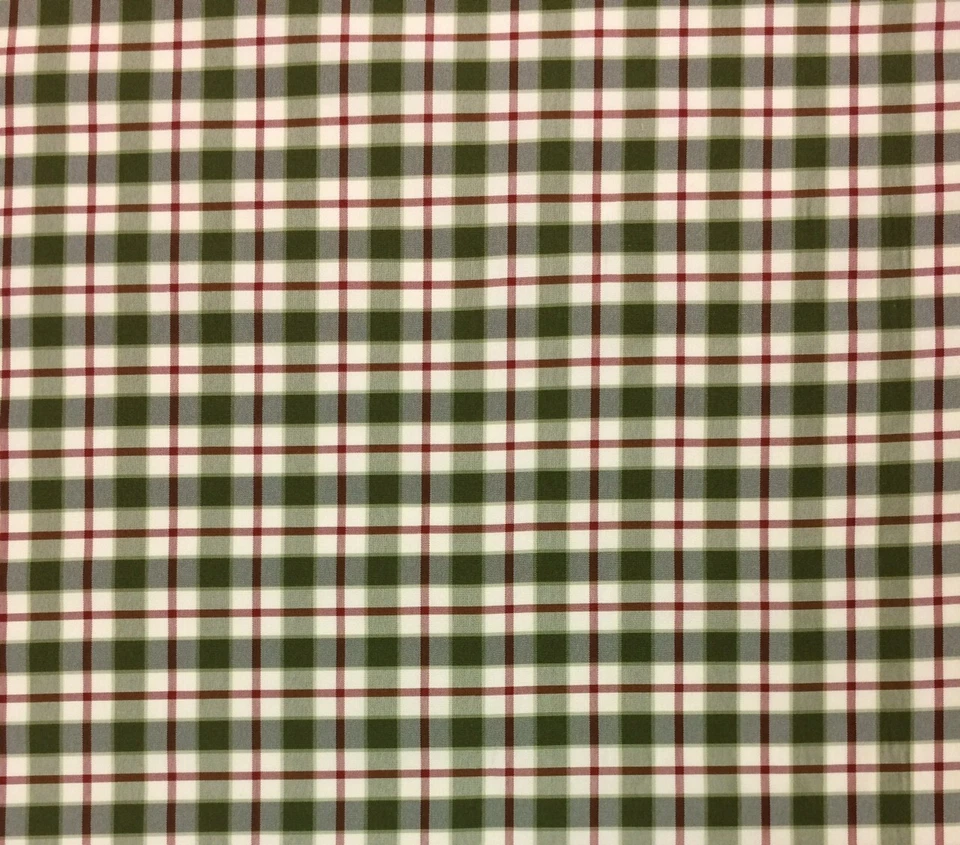DESIGNER 100% SILK CHECK THYME GREEN RED STRIPE MULTIUSE FABRIC BY THE YARD 55"W - Image 1 of 4
