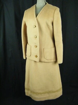 Vtg 60-70s Camel Fuzzy Wool Custom Made Jacket & Skirt-Bust 37/Waist 24 - Image 1 of 4