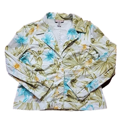 Jamaica Bay Blue Yellow Floral Jacket Hawaiian Tropical Flowers Button Up PL - Image 1 of 4