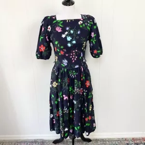 Vintage 80s Petites by Willi Navy Blue Floral Puff Sleeve Dress Size 4 - Picture 1 of 15