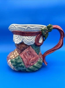 Fitz & Floyd Quilt Stocking Christmas Patchwork Creamer Pitcher Glossy 1992 - Picture 1 of 11
