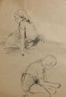 Antique ink drawing two playing children portrait