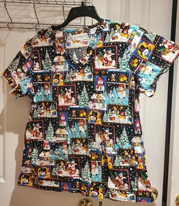 Scrubs Women Top Christmas Theme Snowmen Medical Vet Nurse Small by Peaches - Picture 1 of 5