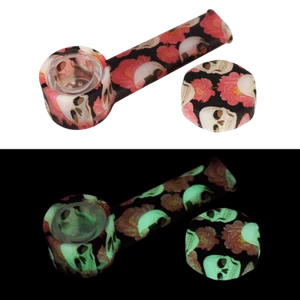 Glows in dark Silicone Smoking Pipe, Glass bowl & Cap Lid Skull & Flower 3.5 in - Picture 1 of 1