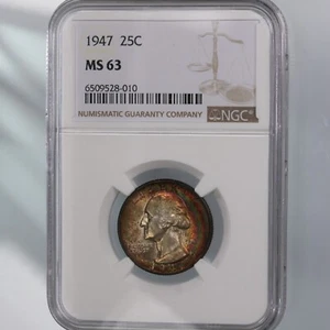 1947 Washington 25C NGC Certified MS63 Colorfully Toned Obverse - Picture 1 of 4