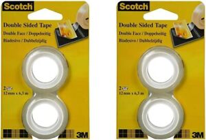 Scotch 3M Refill Rolls of Double-Sided Adhesive Tape, 6.3 m x 12 mm, Pack of 4