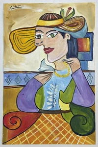 Pablo Picasso (Handmade) Oil Drawing On old Paper Signed & Stamped, Vtg Art - Picture 1 of 4