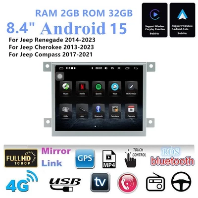 8.4" Stereo Radio NAV GPS For Jeep Compass Renegade Cherokee 2013-2023 Carplay - Imagem 1 de 4