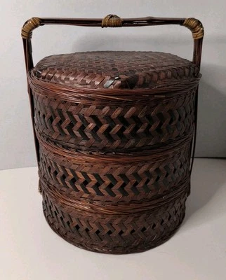 Vintage Chinese Rattan Tiered Nested Tiered Compartment Box Hand Woven  - Image 1 of 4