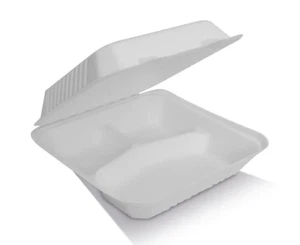 200pcs Disposable 9"/3 Compartment Clamshell Bagasse Sugarcane Burger Box - Picture 1 of 3