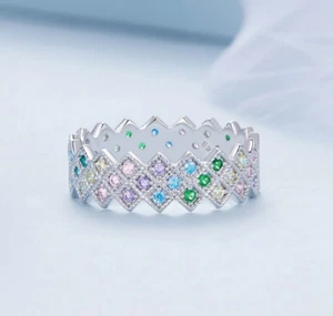 Platinum 925 Sterling Silver Rainbow Zircon Diamond Patterned Ring - Picture 1 of 4