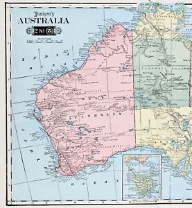 1904 carte de l'Australie Perth Sydney Brisbane Tasmanie Melbourne Victoria Hookina