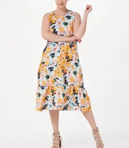 Denim & Co. Summer Dress 1X Midi Beach Linen Blend Knit Pockets Floral Teal Gold - Picture 1 of 10