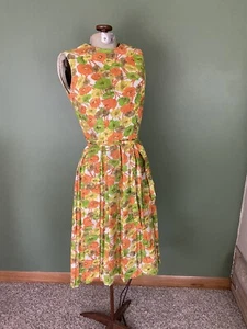 Vintage 60s Semi Sheer Orange Mod Floral Print Pleated Skirt Day Dress Party - Picture 1 of 8