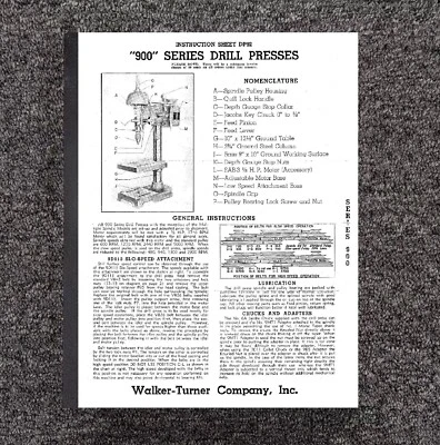 Operator Instruction & Parts Manual Fits WALKER TURNER 900 Series Drill Press - Image 1 of 4