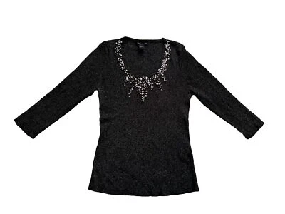 Blusa de seda August feminina prata frisada metálica top falso pérola seda em perfeito estado grande - Imagem 1 de 4