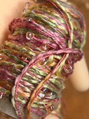 silk ribbon yarn hand dyed 1/8" glass beads pink yellow green peach 1yd USA - Image 1 of 2