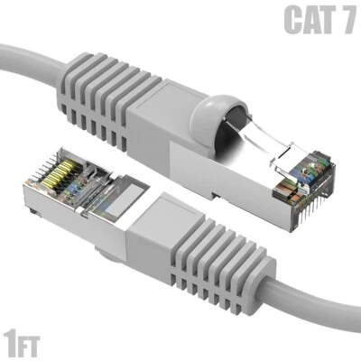 1FT Cat7 RJ45 Network LAN Ethernet SSTP Patch Cable Shielded Copper 600MHz Gray - Image 1 of 4