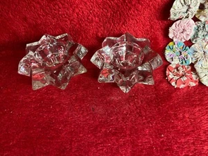 Pair of Heavy Cut Glass Candle Holders Star or Flower Shape Solid - Picture 1 of 5