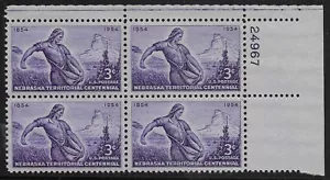 US Scott #1060, Plate Block #24967 1954 Nebraska 3c FVF MNH Upper Right - Picture 1 of 1
