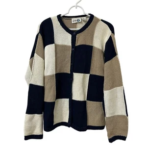 Paul Harris Design Vtg Womens Large Navy Tan & White Colorblock Cardigan Sweater - Picture 1 of 7