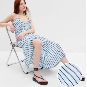 Gap Women's SZ XL Tie-Front Ruffle Hem Maxi Dress - Blue Stripe NWT - Picture 1 of 7