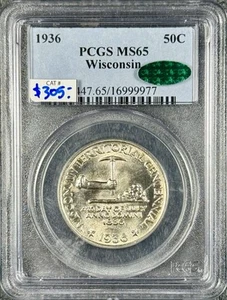 1936 50c Commemorative Half Dollar Wisconsin PCGS MS65 CAC PQ+ - Picture 1 of 3