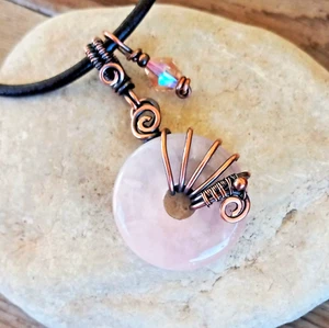 Rose Quartz Pendant Copper Handmade Boho Necklace 'Heart Chakra ' - Picture 1 of 6