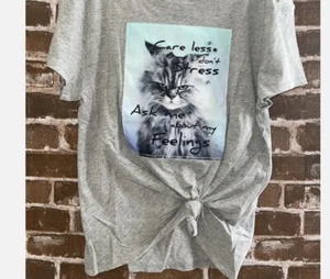 NWT JUSTICE GIRLS EMBELLISHED 7 GRA Y T SHIRT DON'T STRESS CAT KITTY TIE FRONT - Picture 1 of 5