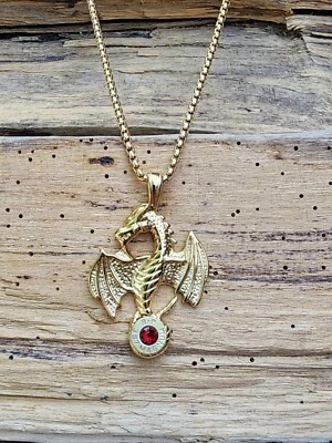 Gold Stainless Steel Dragon Bullet Necklace. 357 Mag Bullet. Optional Crystal. - Image 1 of 4