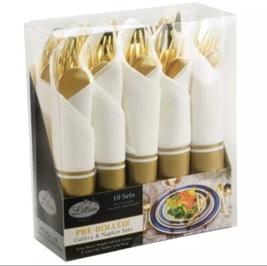Lillian Tablesettings ( 10 SETS ) PRE- ROLLED! Cutlery & Napkins Sets - Picture 1 of 6