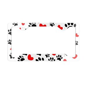 Black Dog Paw Prints And Red Hearts Pattern, Metal License Plate Frame