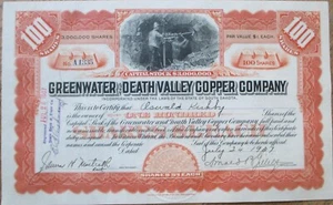 Greenwater Death Valley Copper Co 1907 Stock Certificate Oswald Kirkby Autograph - Picture 1 of 2